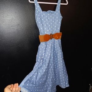 Blue polka dot 50s style dress with brown belt